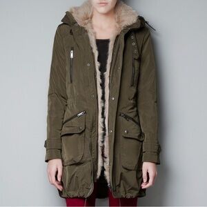 Zara Olive Green Parka with Fur Trim and detachable lining